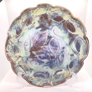 Terry Acker Studio Art Pottery Leaf Design Platter Plate Dish Blue Green Purple
